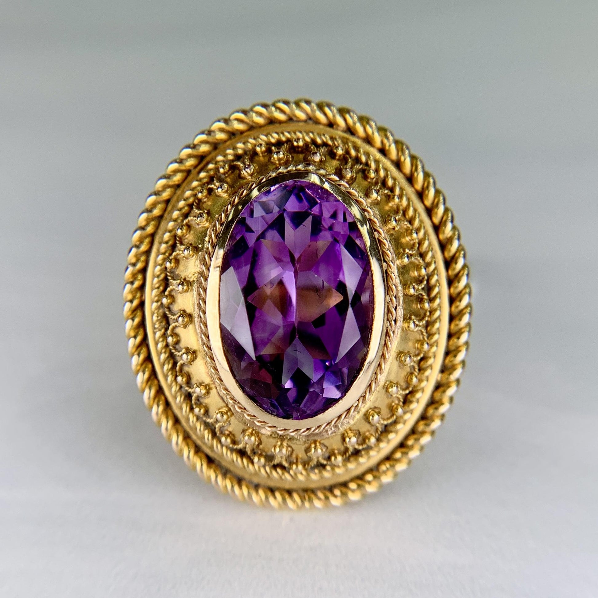 1880s Victorian Etruscan Revival Amethyst Ring 14k