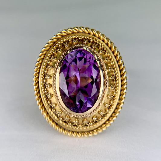 1880s Victorian Etruscan Revival Amethyst Ring 14k