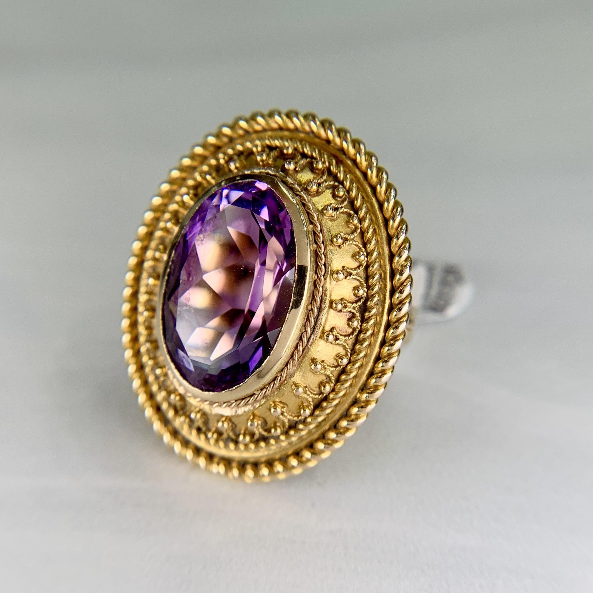 1880s Victorian Etruscan Revival Amethyst Ring 14k