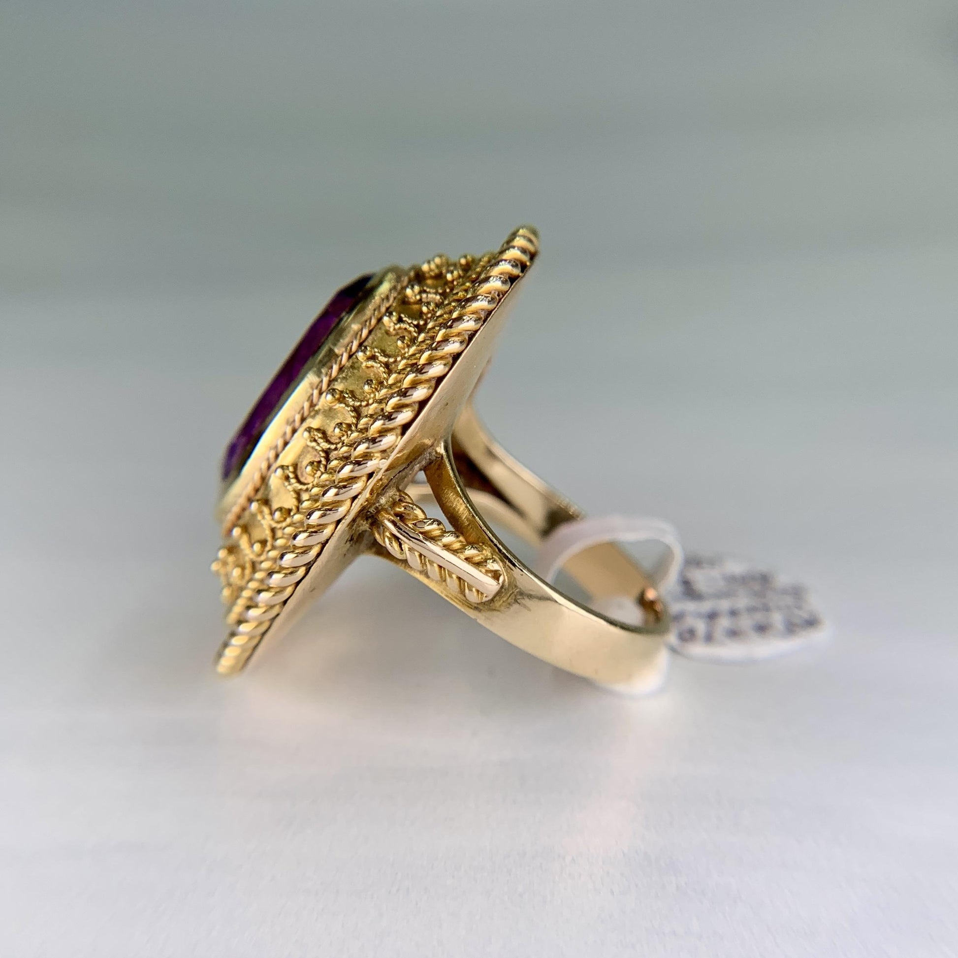 1880s Victorian Etruscan Revival Amethyst Ring 14k