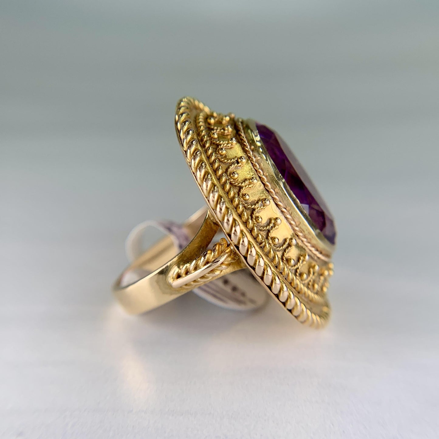 1880s Victorian Etruscan Revival Amethyst Ring 14k