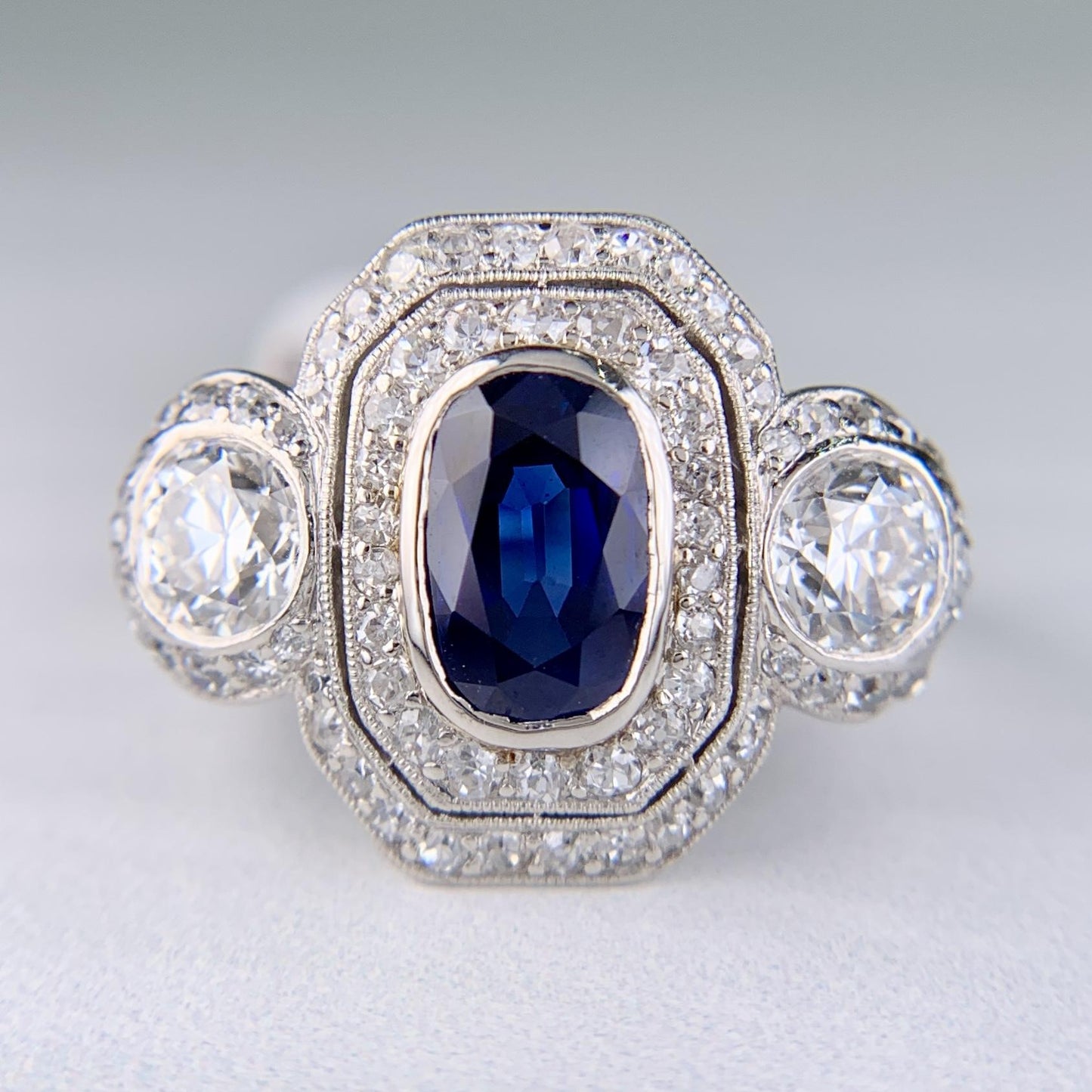 1910 Edwardian Platinum Sapphire Diamond Ring GIA