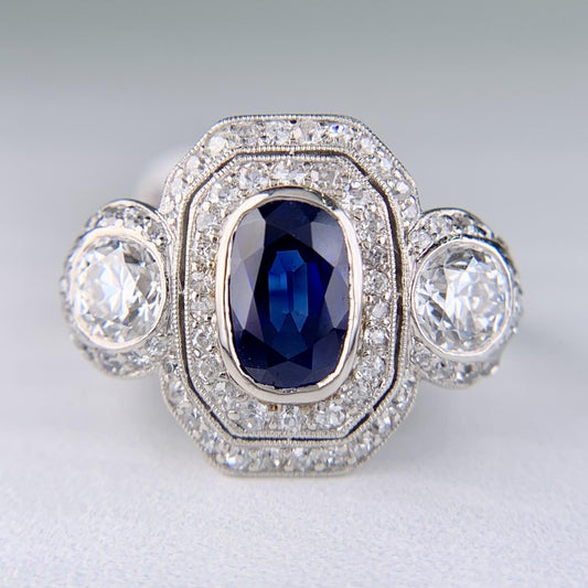 1910 Edwardian Platinum Sapphire Diamond Ring GIA