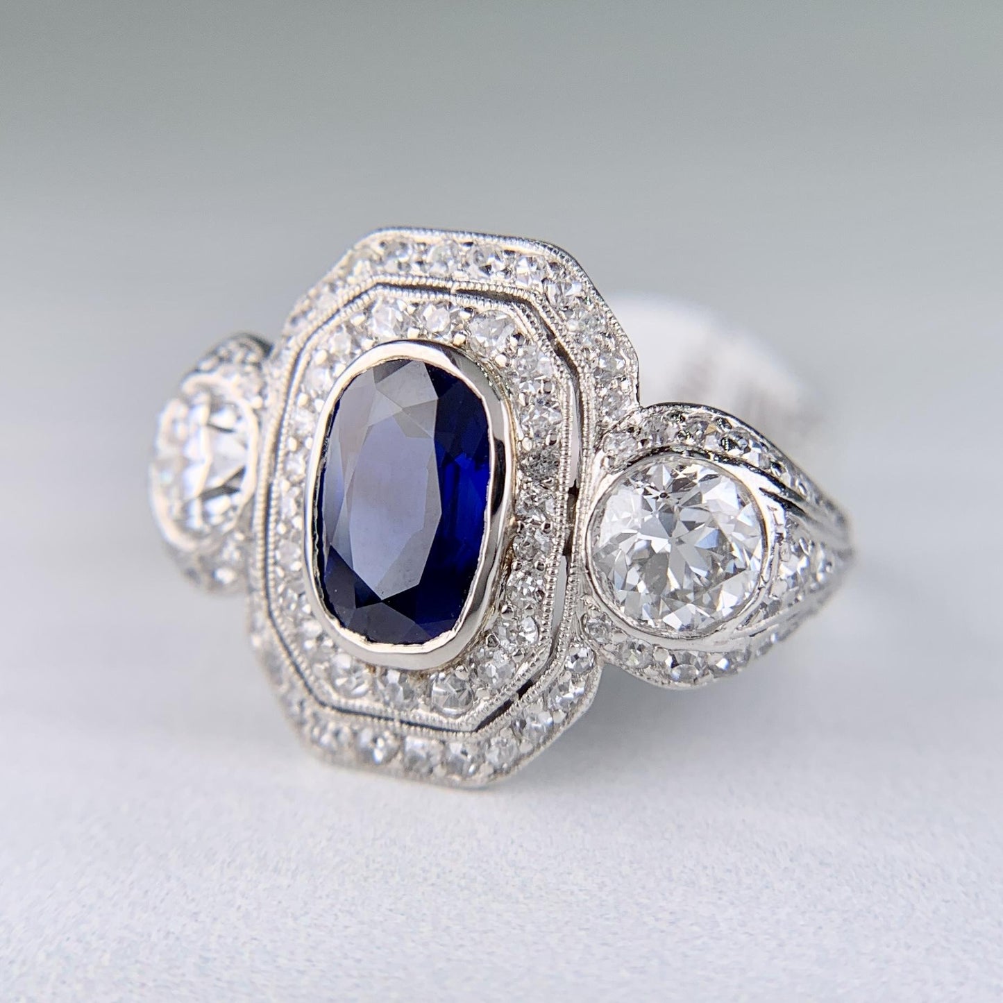 1910 Edwardian Platinum Sapphire Diamond Ring GIA