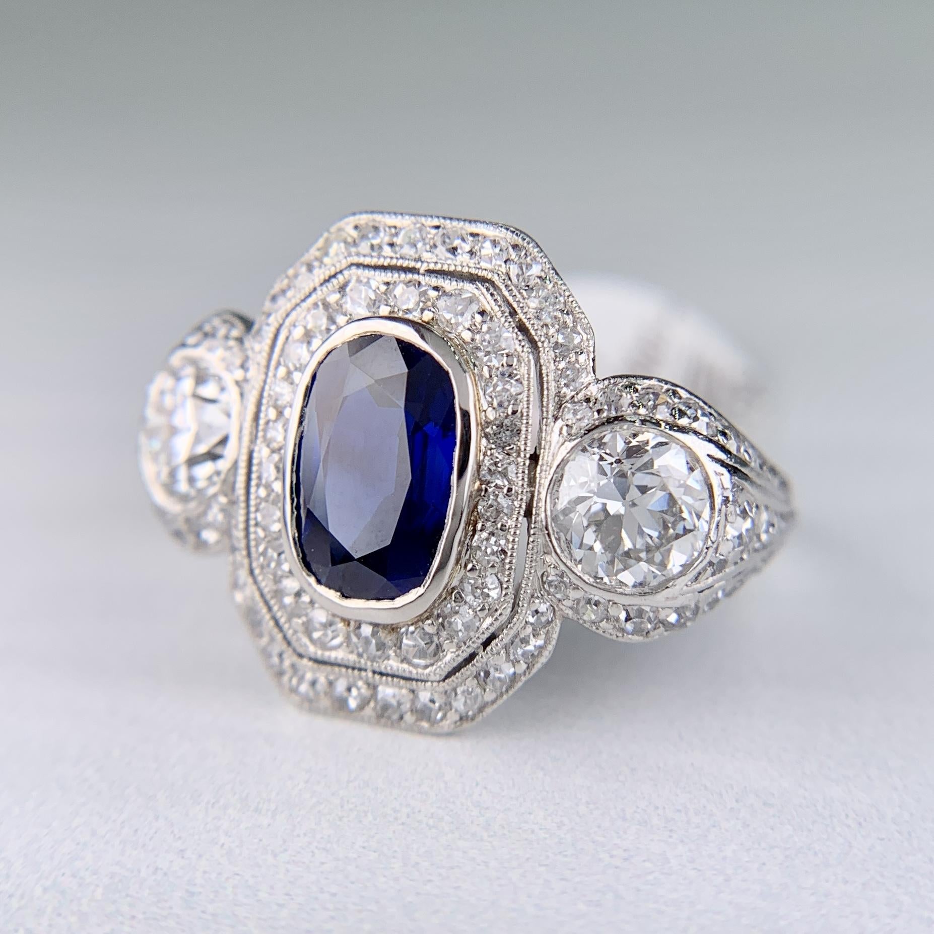 1910 Edwardian Platinum Sapphire Diamond Ring GIA