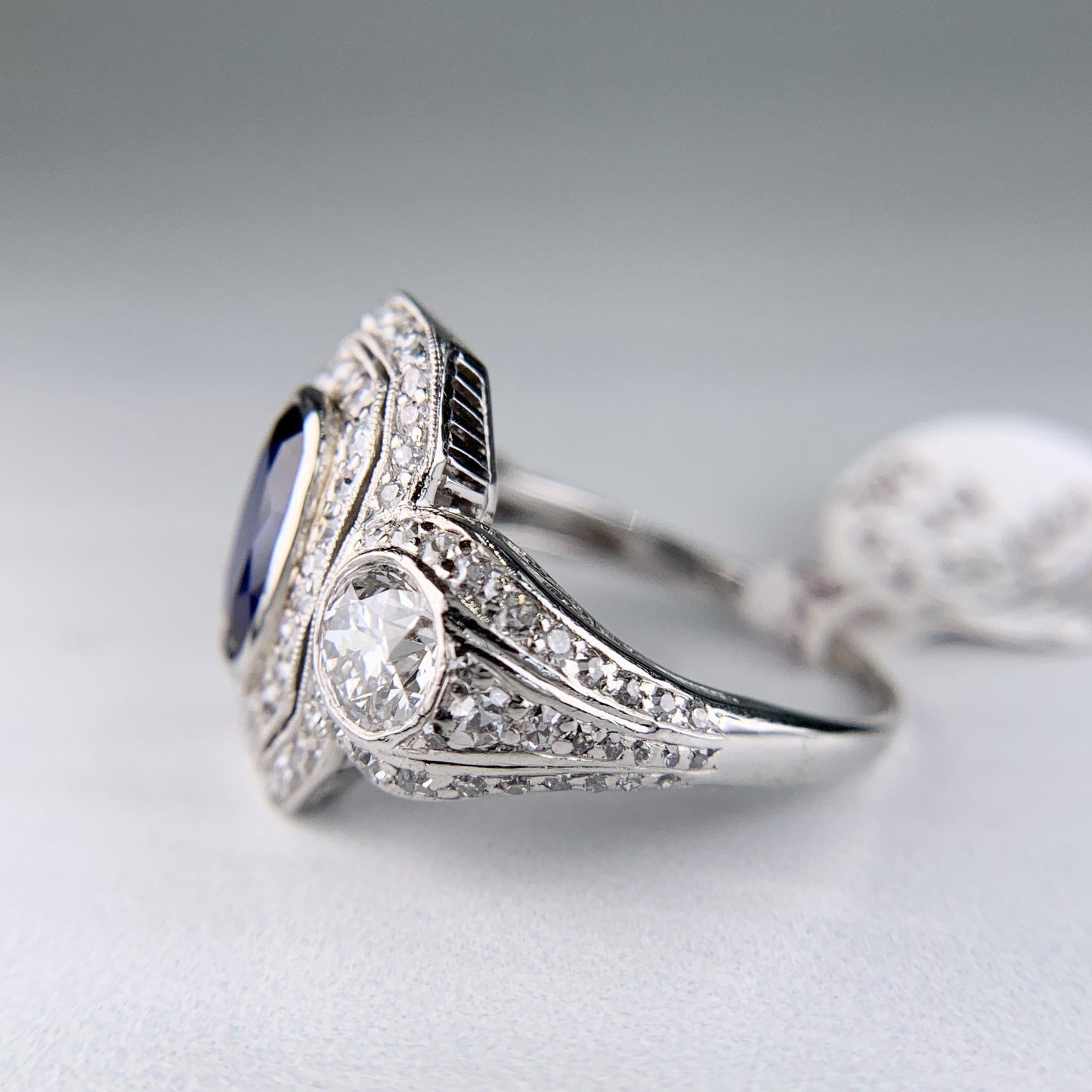 1910 Edwardian Platinum Sapphire Diamond Ring GIA
