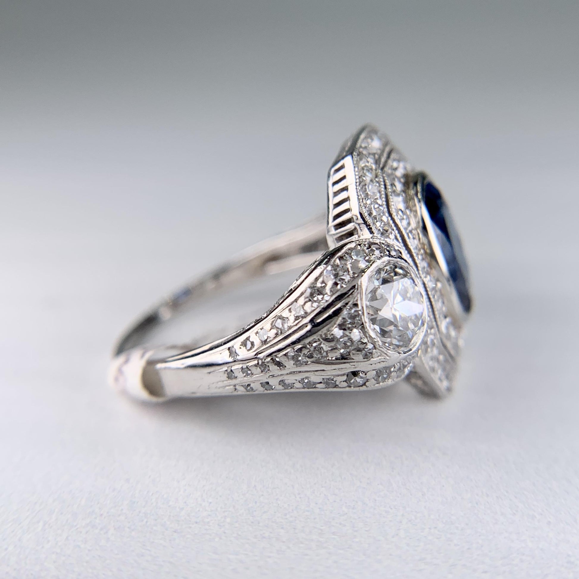 1910 Edwardian Platinum Sapphire Diamond Ring GIA