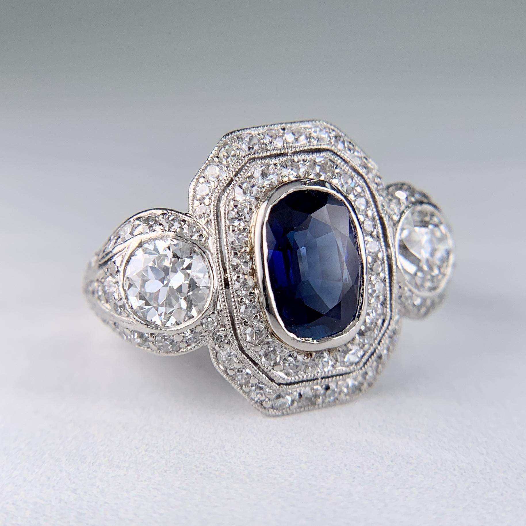 1910 Edwardian Platinum Sapphire Diamond Ring GIA