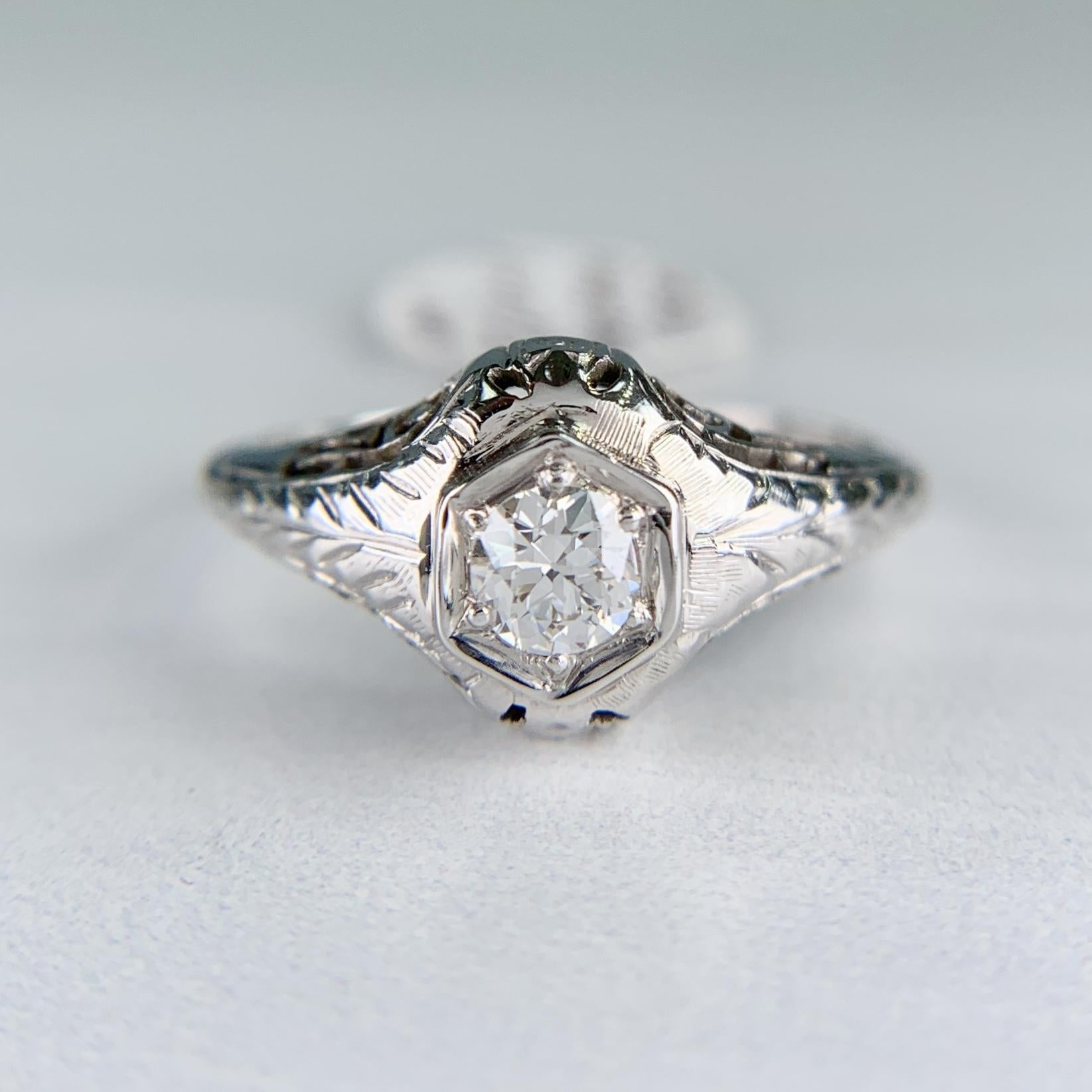 1930's Art Deco Old European Cut Diamond Engagement Ring 14k