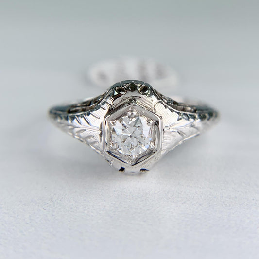 1930's Art Deco Old European Cut Diamond Engagement Ring 14k