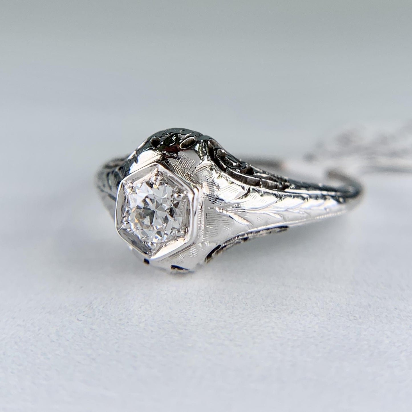 1930's Art Deco Old European Cut Diamond Engagement Ring 14k