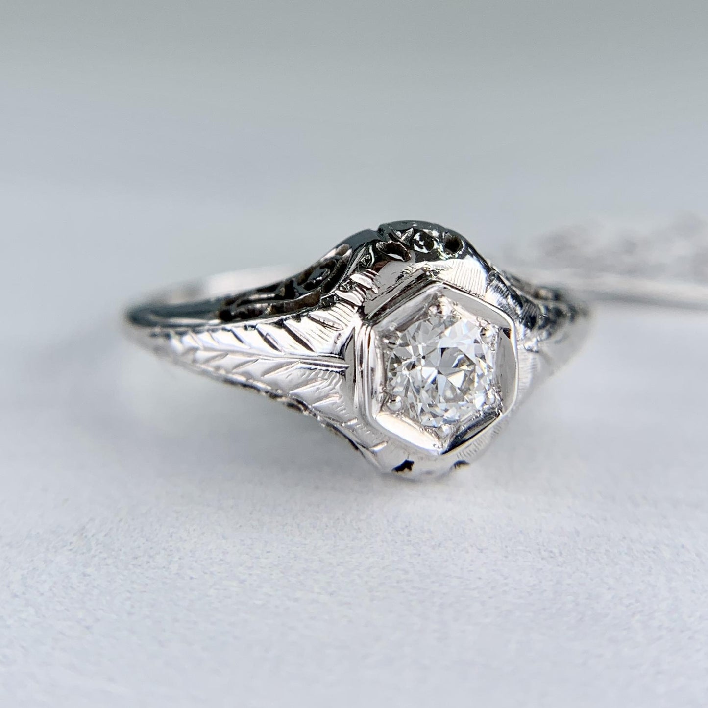 1930's Art Deco Old European Cut Diamond Engagement Ring 14k