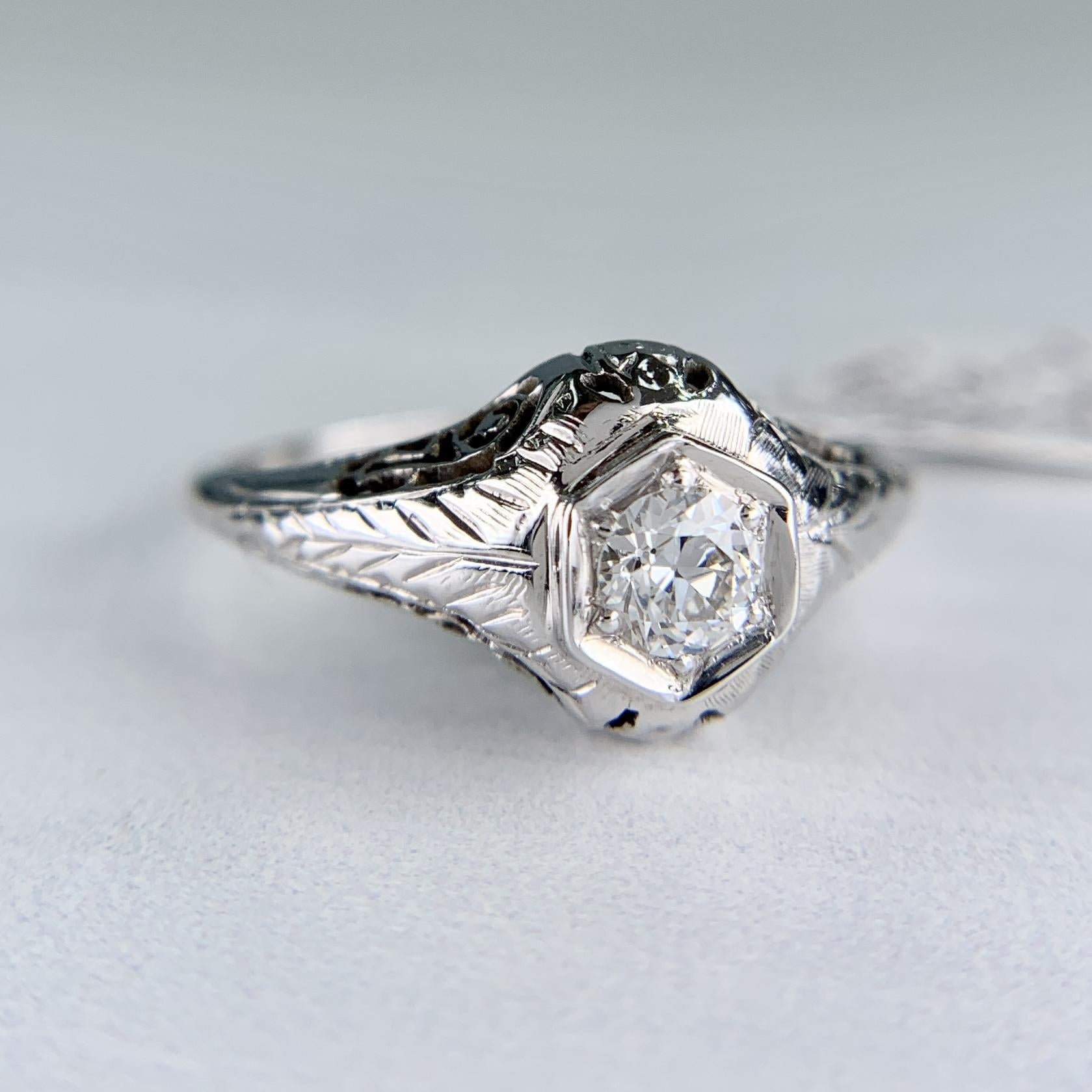 1930's Art Deco Old European Cut Diamond Engagement Ring 14k