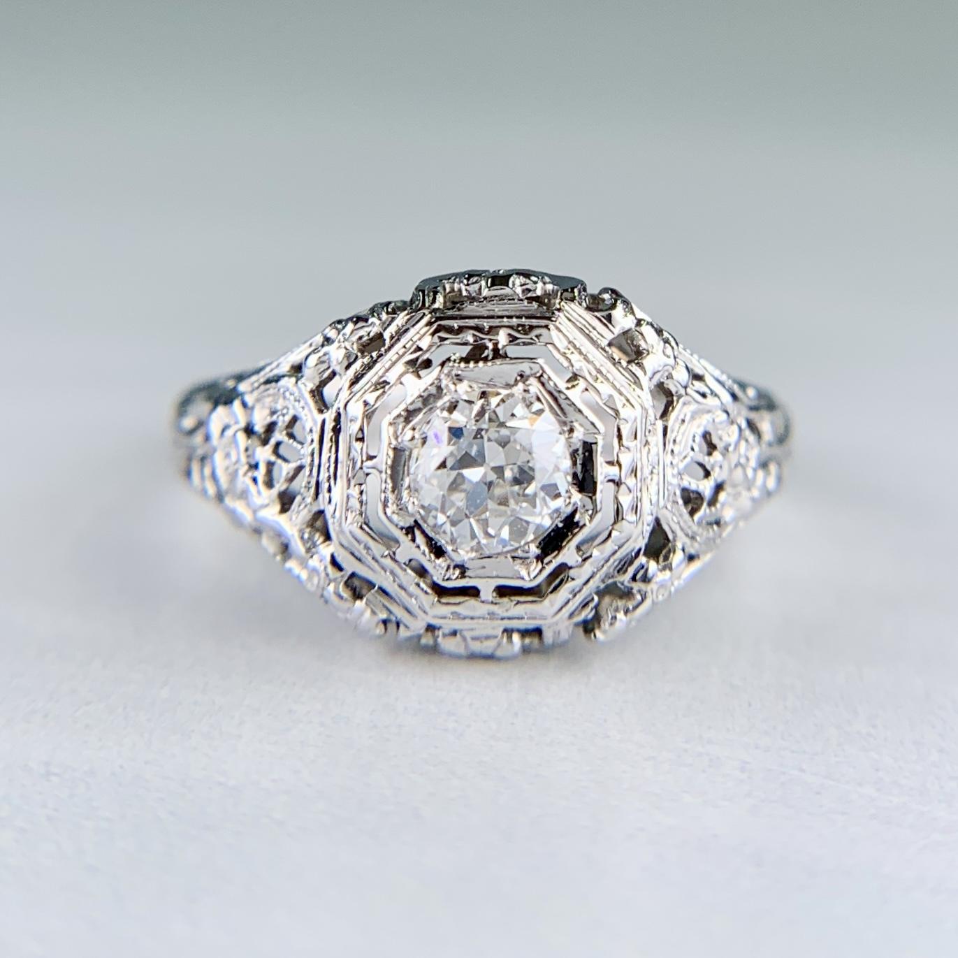 Art Deco Filigree Old European Cut Diamond Engagement Ring 18k