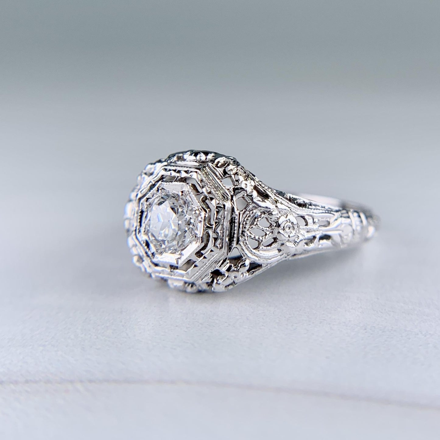 Art Deco Filigree Old European Cut Diamond Engagement Ring 18k