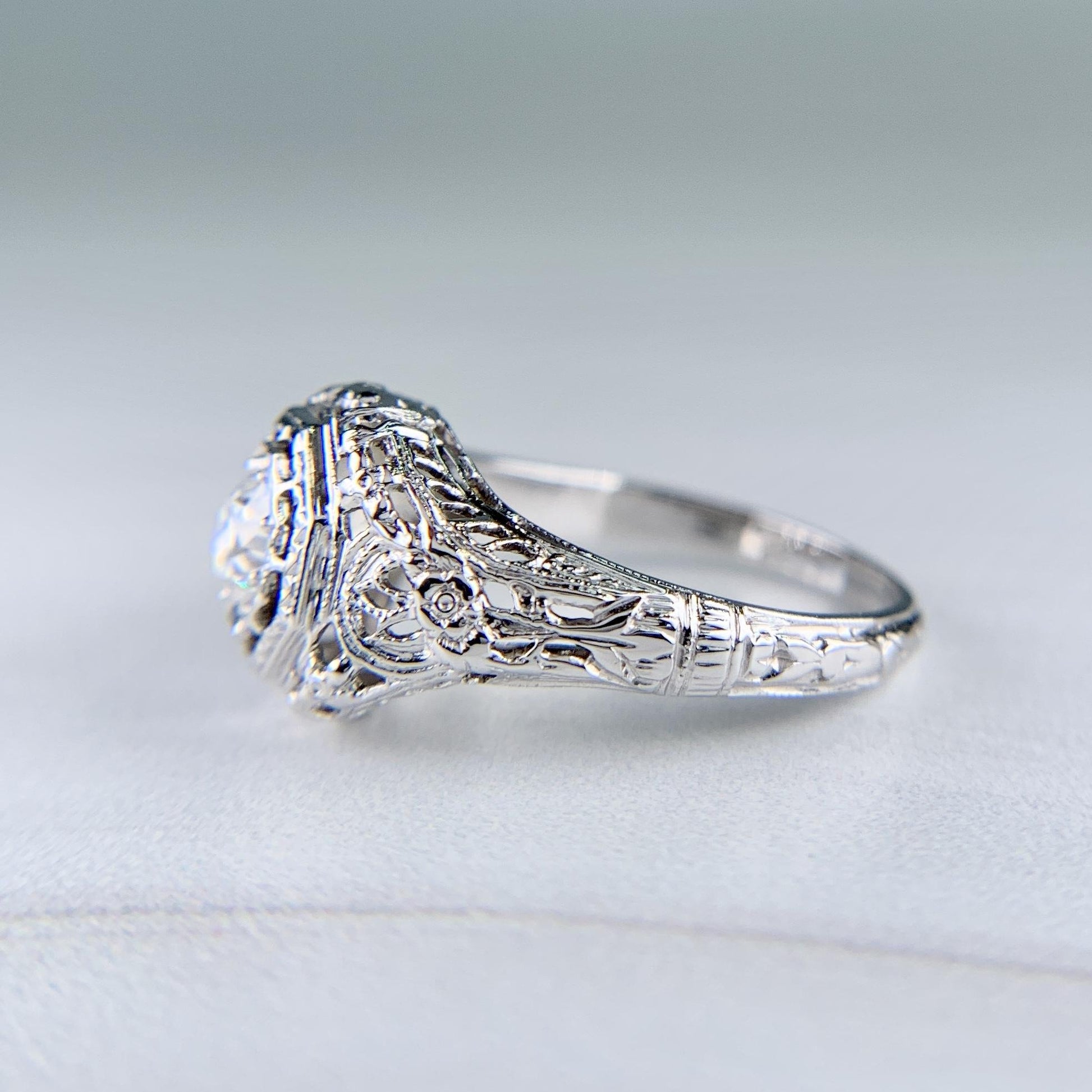Art Deco Filigree Old European Cut Diamond Engagement Ring 18k