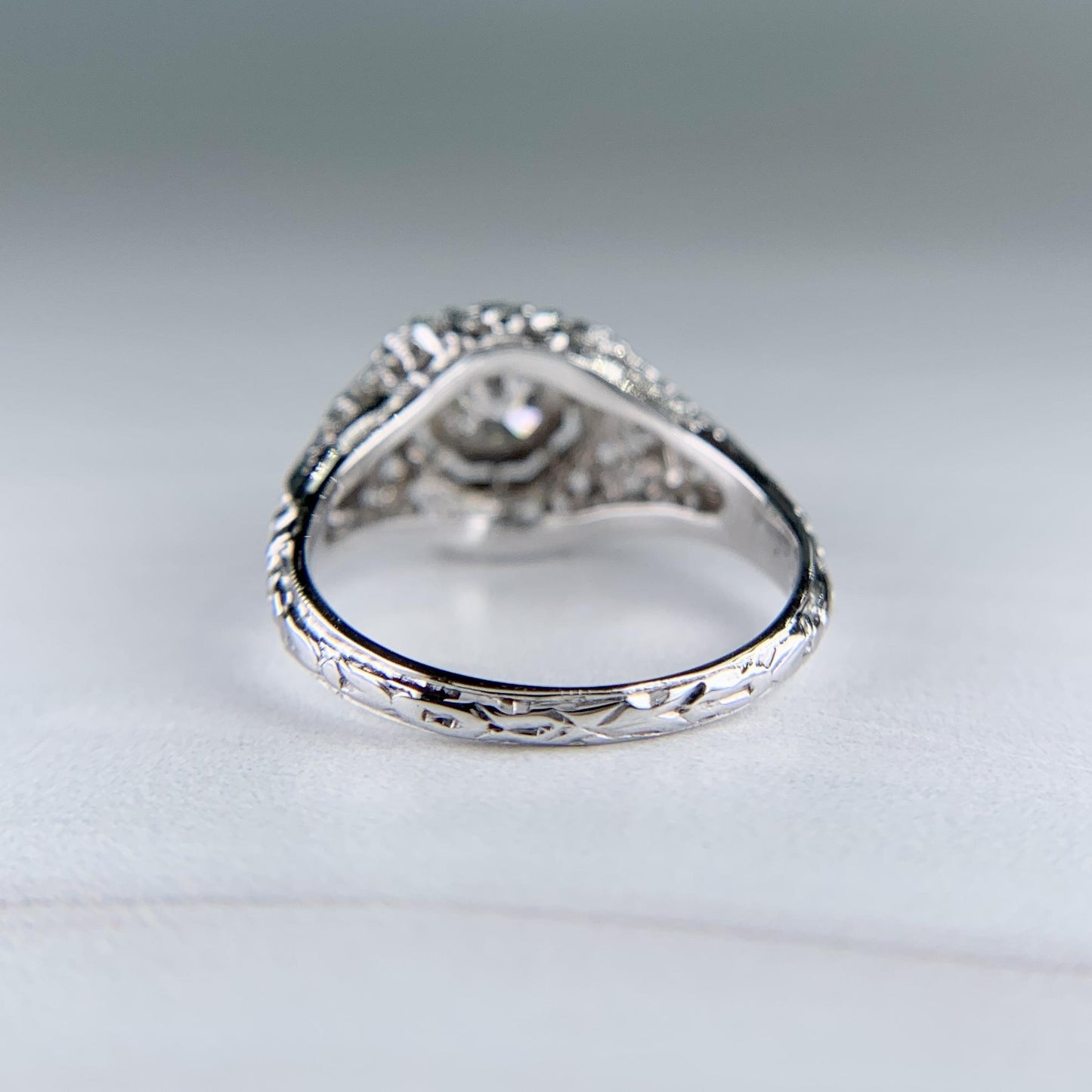 Art Deco Filigree Old European Cut Diamond Engagement Ring 18k