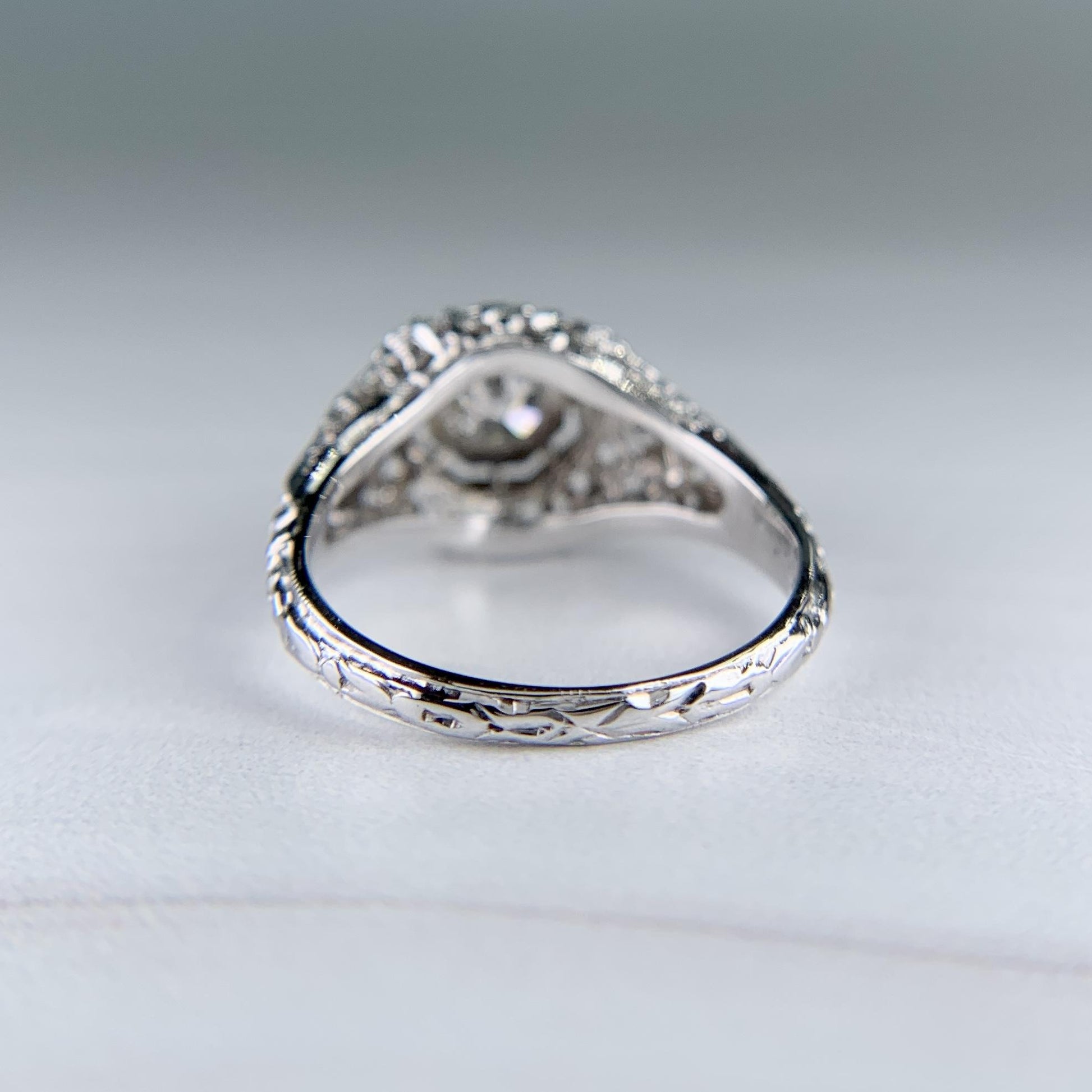 Art Deco Filigree Old European Cut Diamond Engagement Ring 18k