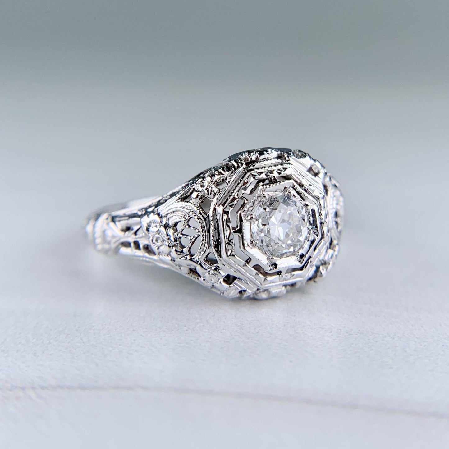 Art Deco Filigree Old European Cut Diamond Engagement Ring 18k