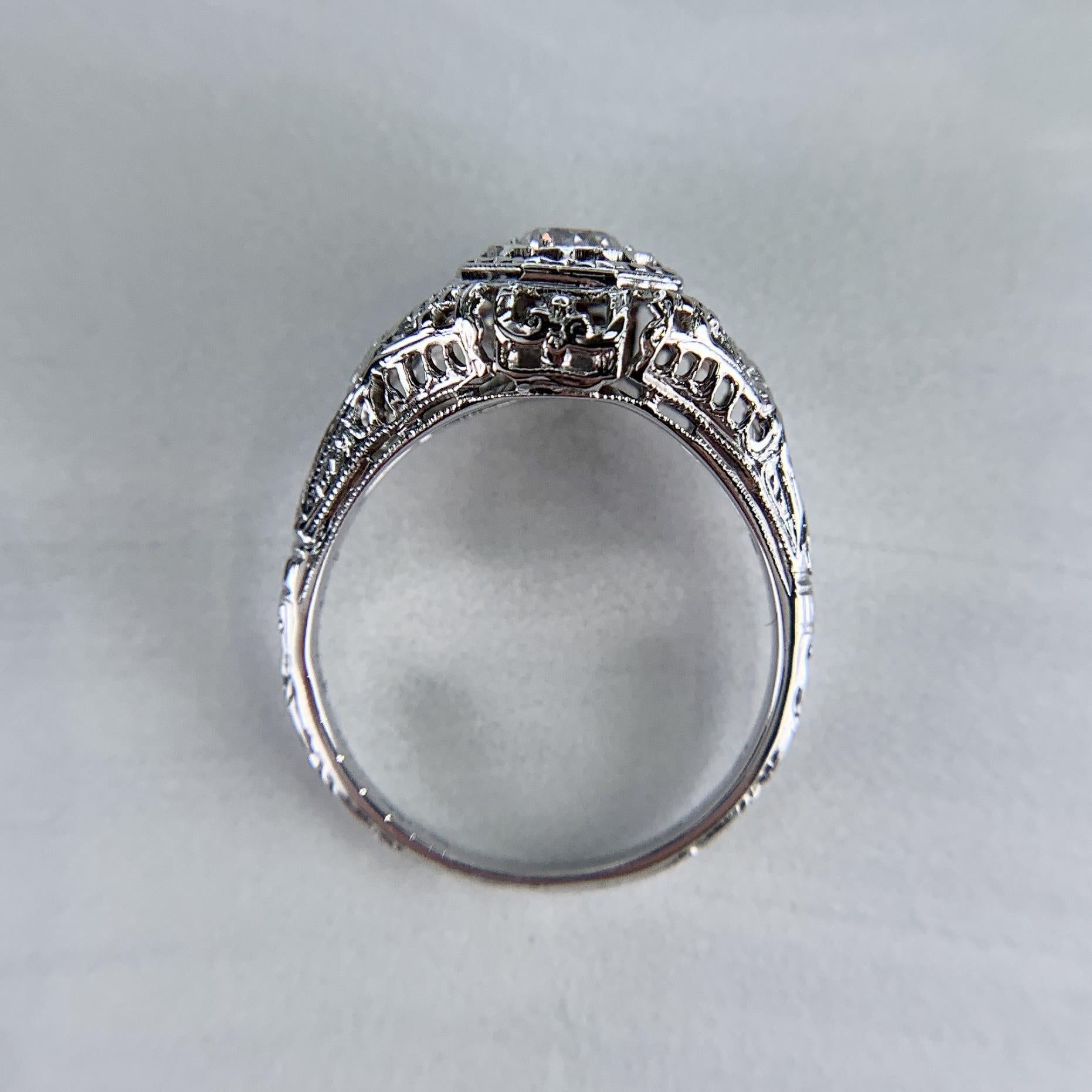Art Deco Filigree Old European Cut Diamond Engagement Ring 18k