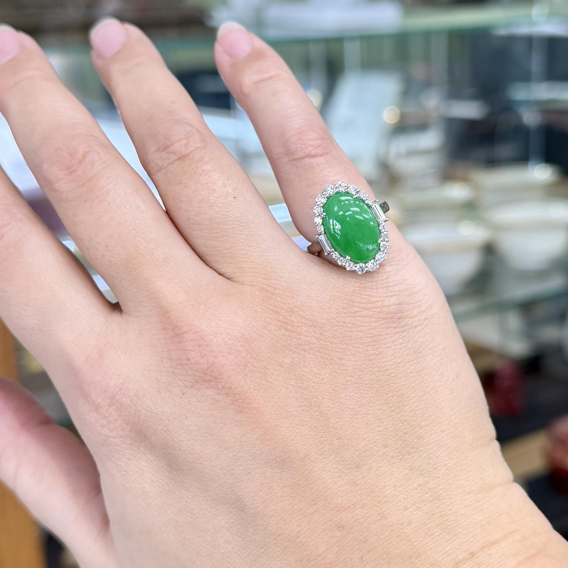 GIA Jadeite Jade Diamond Halo 18k White Gold Cocktail Ring
