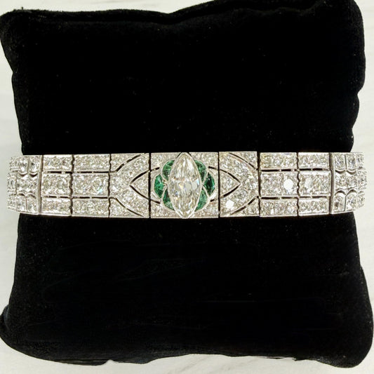 1920's Art Deco Old Cut Diamond and Emerald Bracelet Platinum