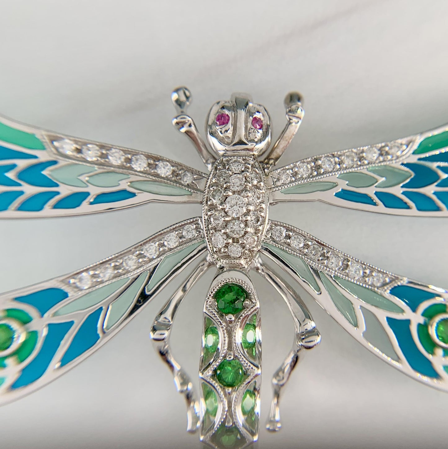 Dragonfly Brooch with Tsavorite and Diamonds and Rubies 18k White Gold