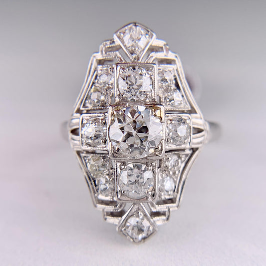 1930's Art Deco Old European Cut Diamond Shield Ring Platinum