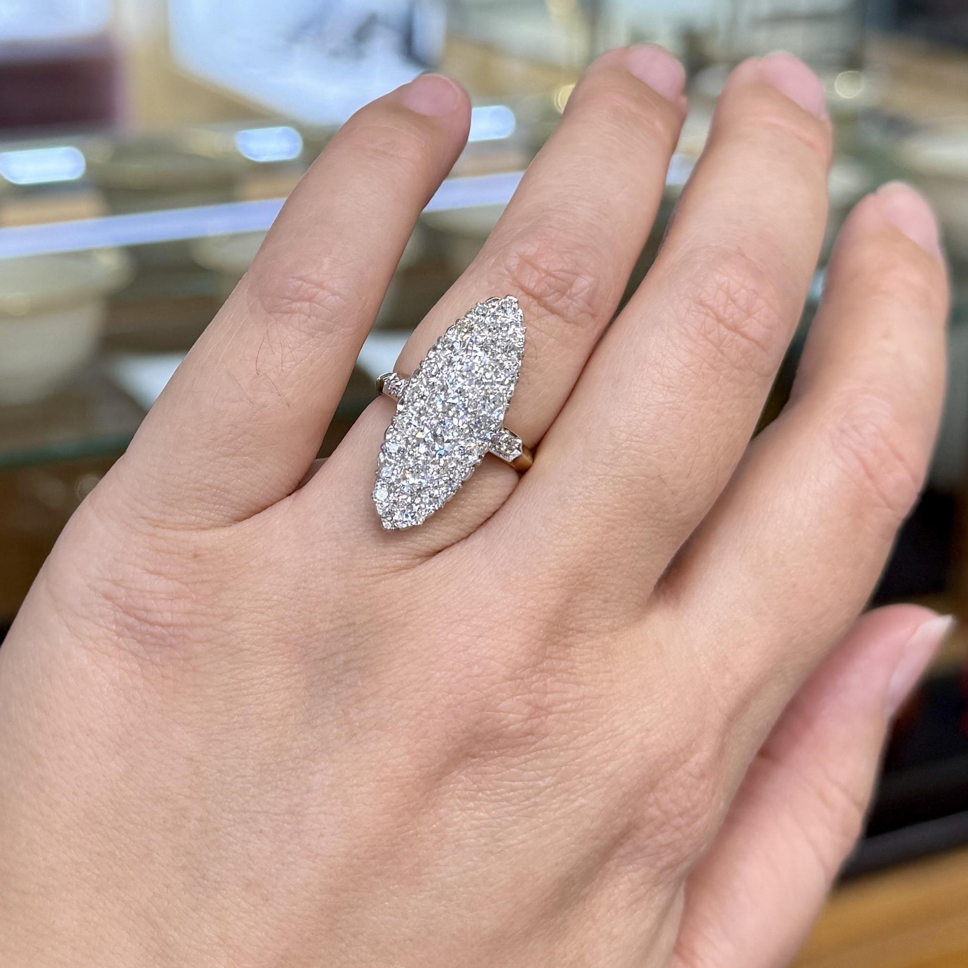 Edwardian French Navette Old Cut Diamond Ring Platinum/18k