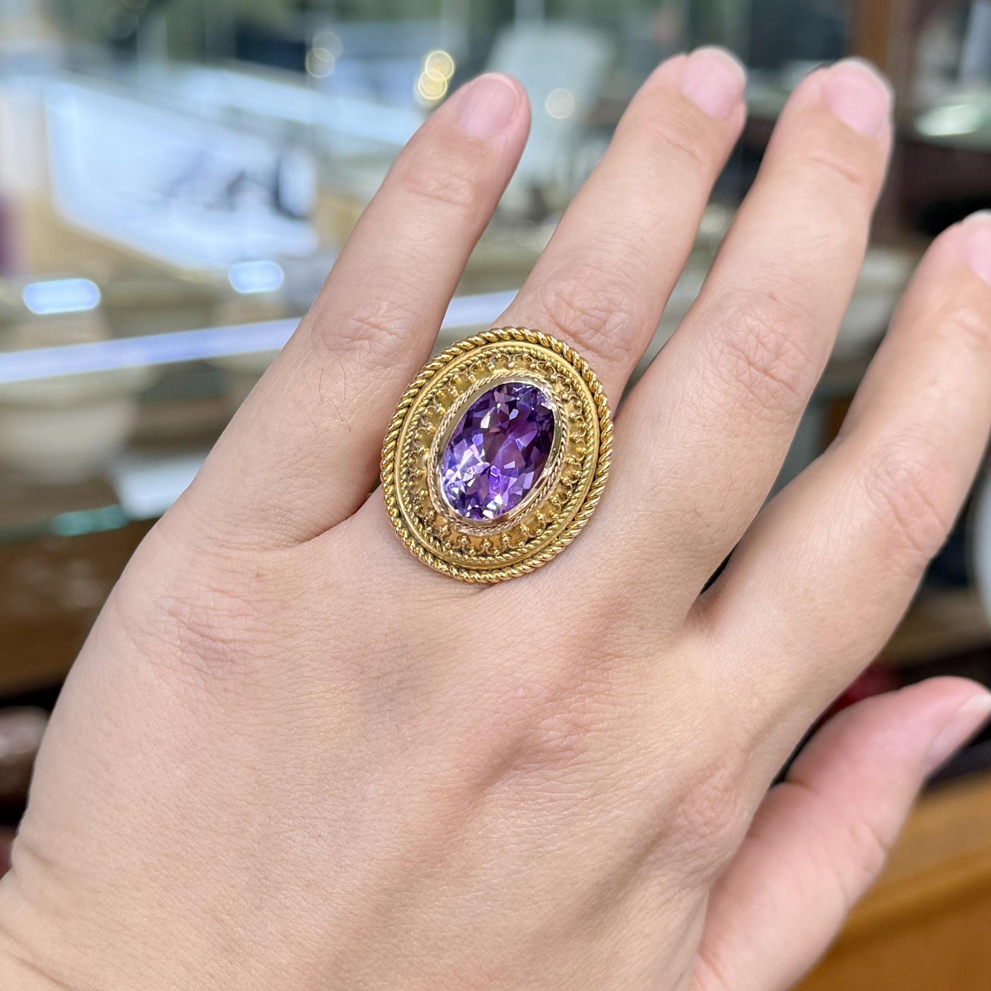 1880s Victorian Etruscan Revival Amethyst Ring 14k