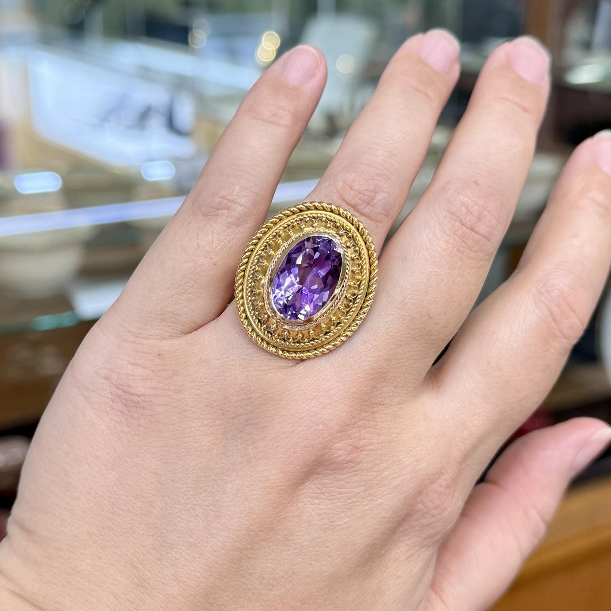 1880s Victorian Etruscan Revival Amethyst Ring 14k
