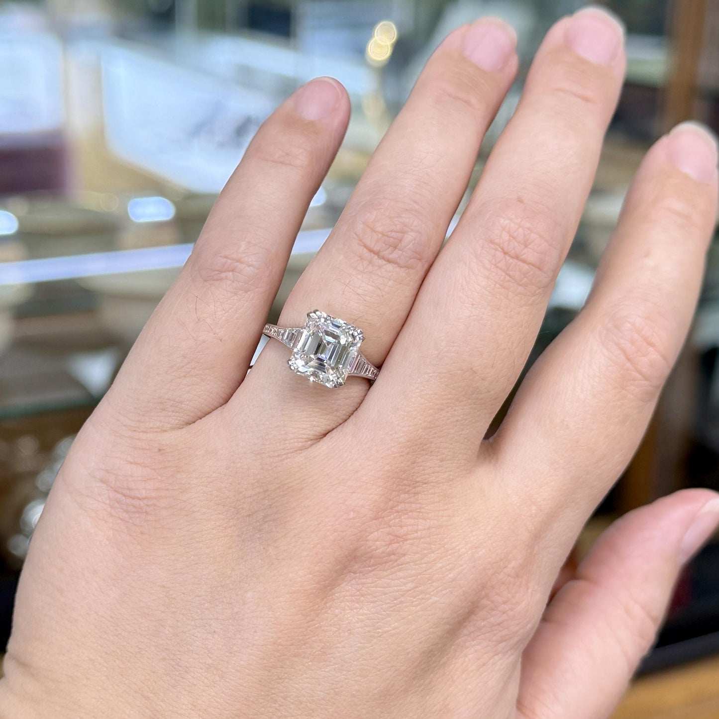 GIA Report Certified 4.09 Emerald Cut Diamond Platinum Engagement Ring