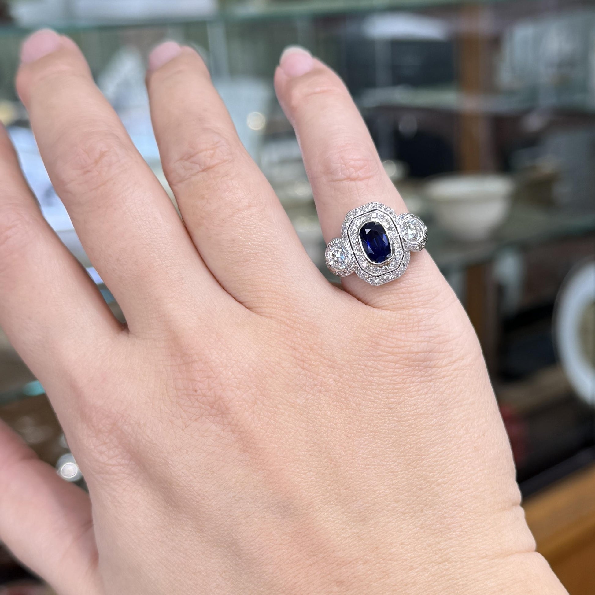 1910 Edwardian Platinum Sapphire Diamond Ring GIA