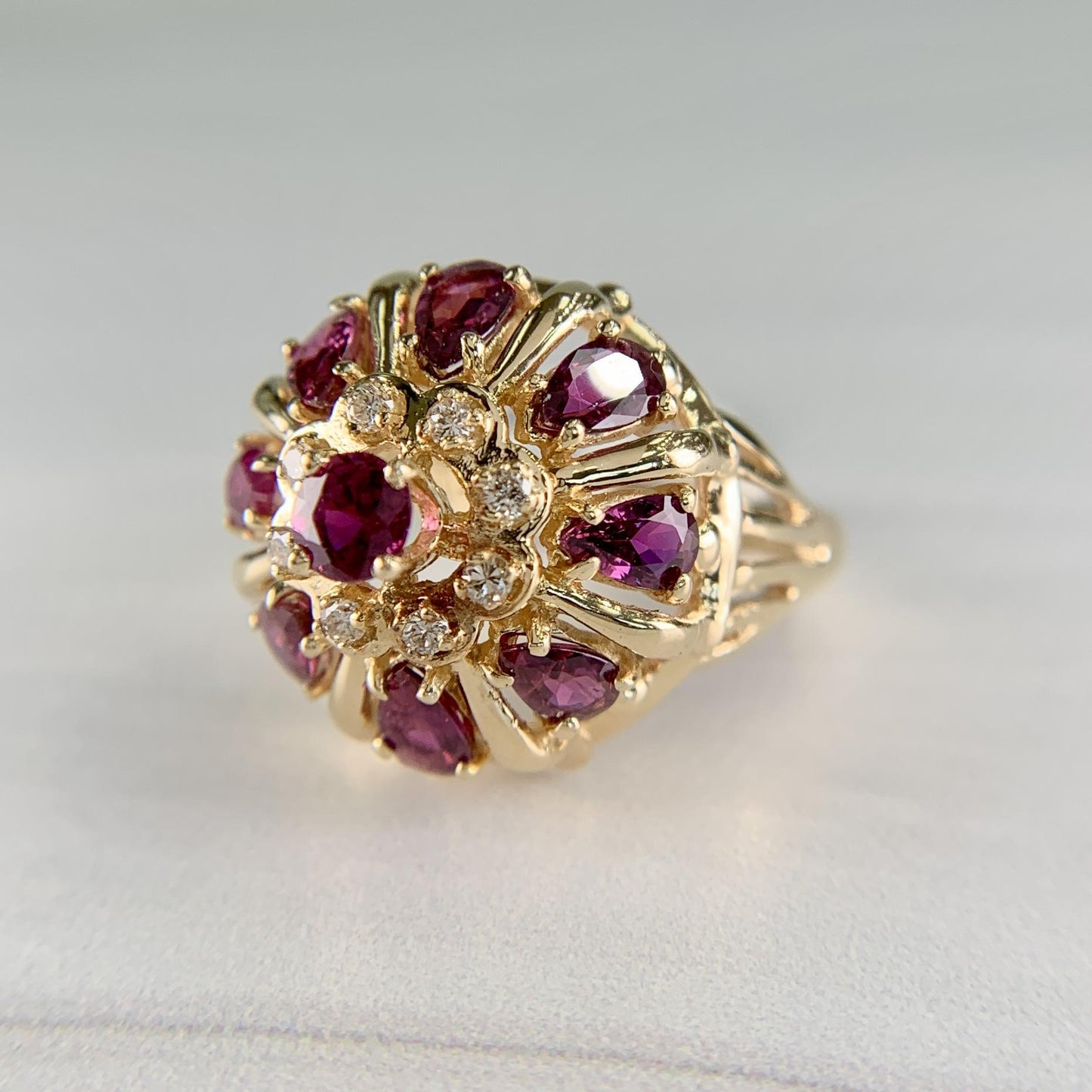 Vintage Ruby and Diamond Harem Princess Ring 14k Yellow Gold