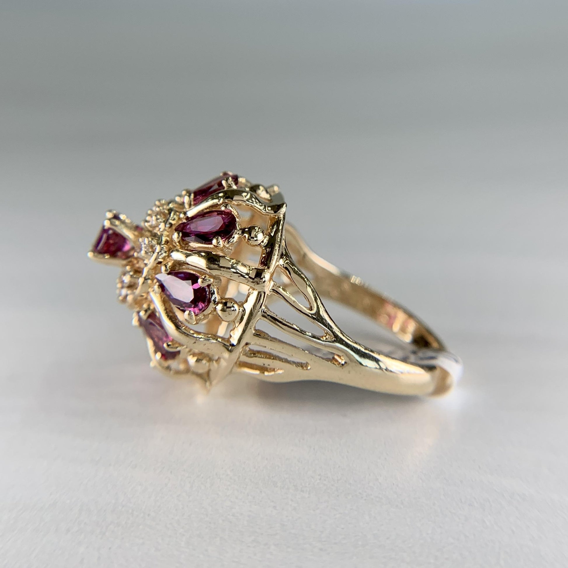 Vintage Ruby and Diamond Harem Princess Ring 14k Yellow Gold