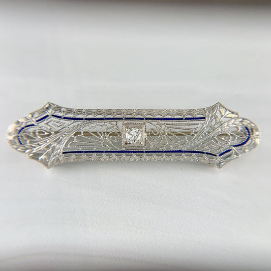 1925 Antique Art Deco Filigree Old European Cut Diamond Brooch 14k White Gold