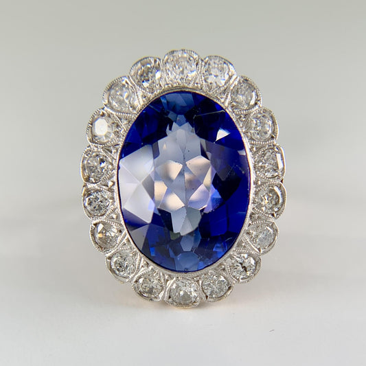 Victorian Inspired Synthetic Sapphire and Diamond Halo Ring 14k/Platinum