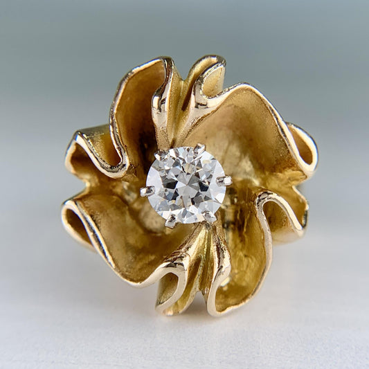 Vintage 1960's Transitional Cut Diamond Floral Statement Ring 14k Yellow Gold