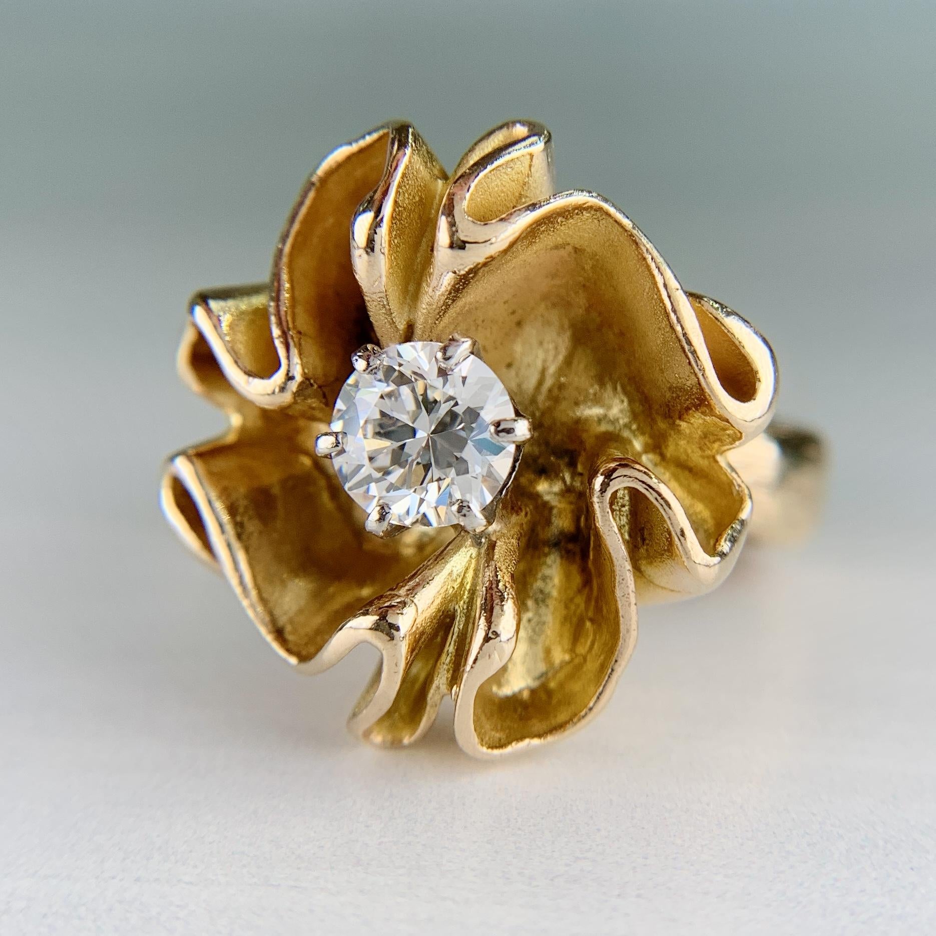 Vintage 1960's Transitional Cut Diamond Floral Statement Ring 14k Yellow Gold