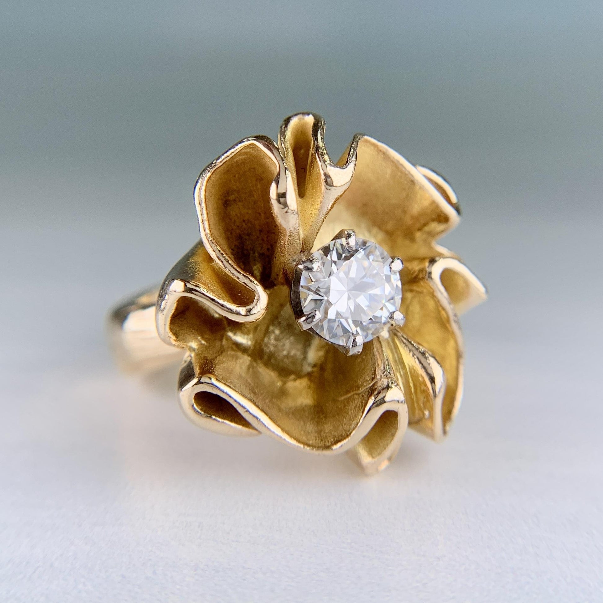 Vintage 1960's Transitional Cut Diamond Floral Statement Ring 14k Yellow Gold