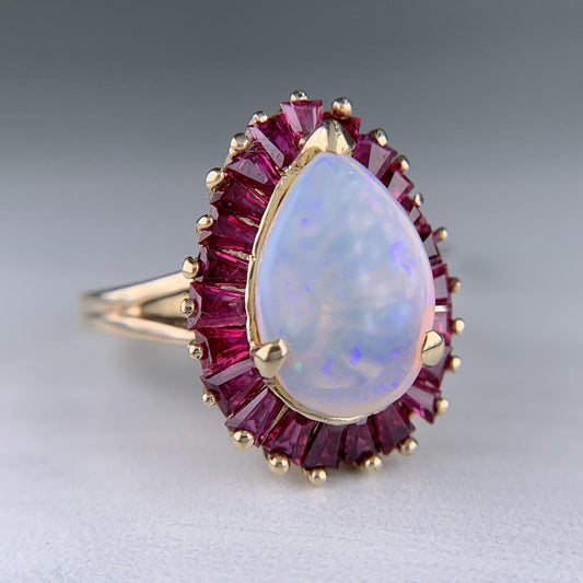 Vintage 1980's Crystal Opal and Step Cut Ruby Halo Ring 14k Yellow Gold