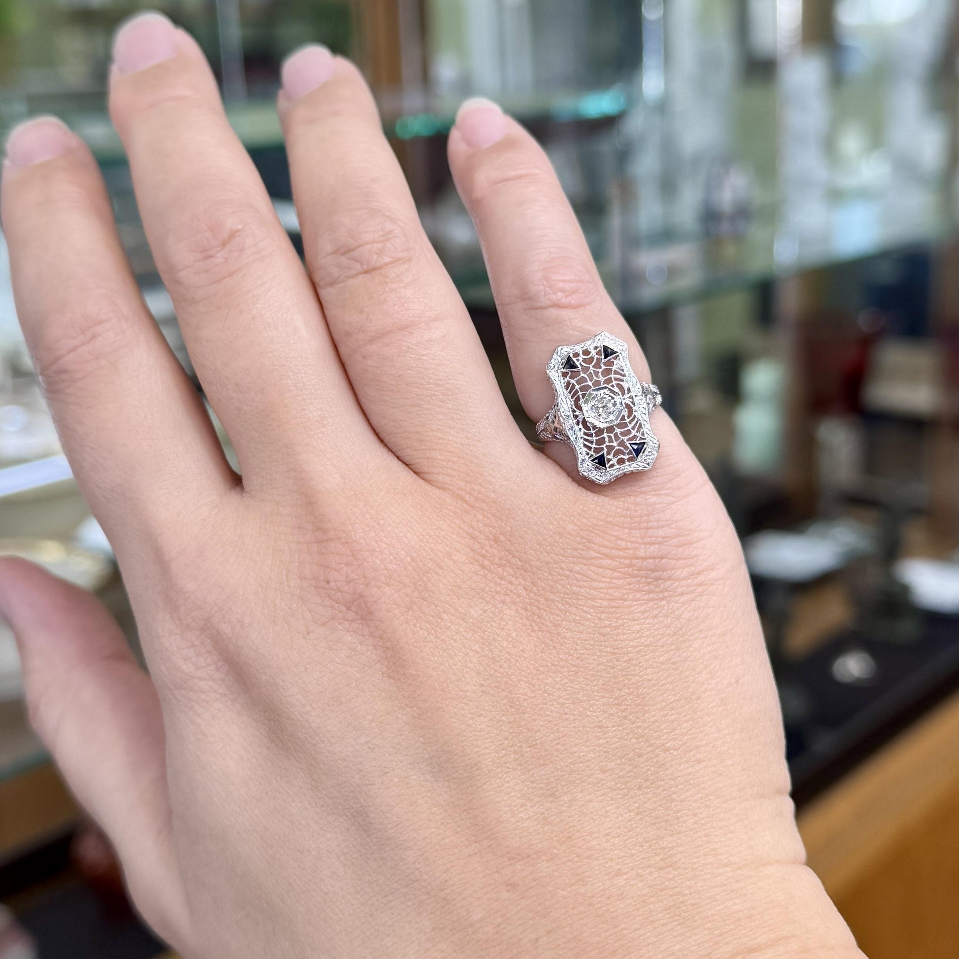 1930's Art Deco Old Mine Cut Diamond Filigree Panel Ring 18k