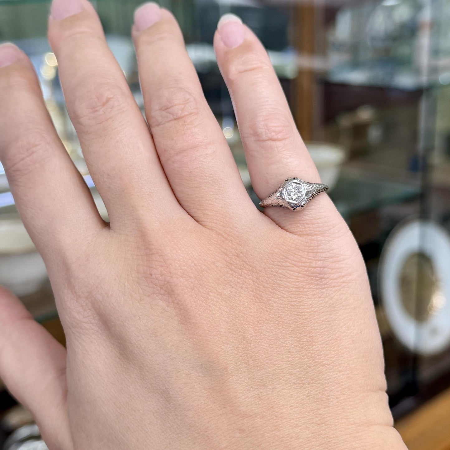 1930's Art Deco Old European Cut Diamond Engagement Ring 14k