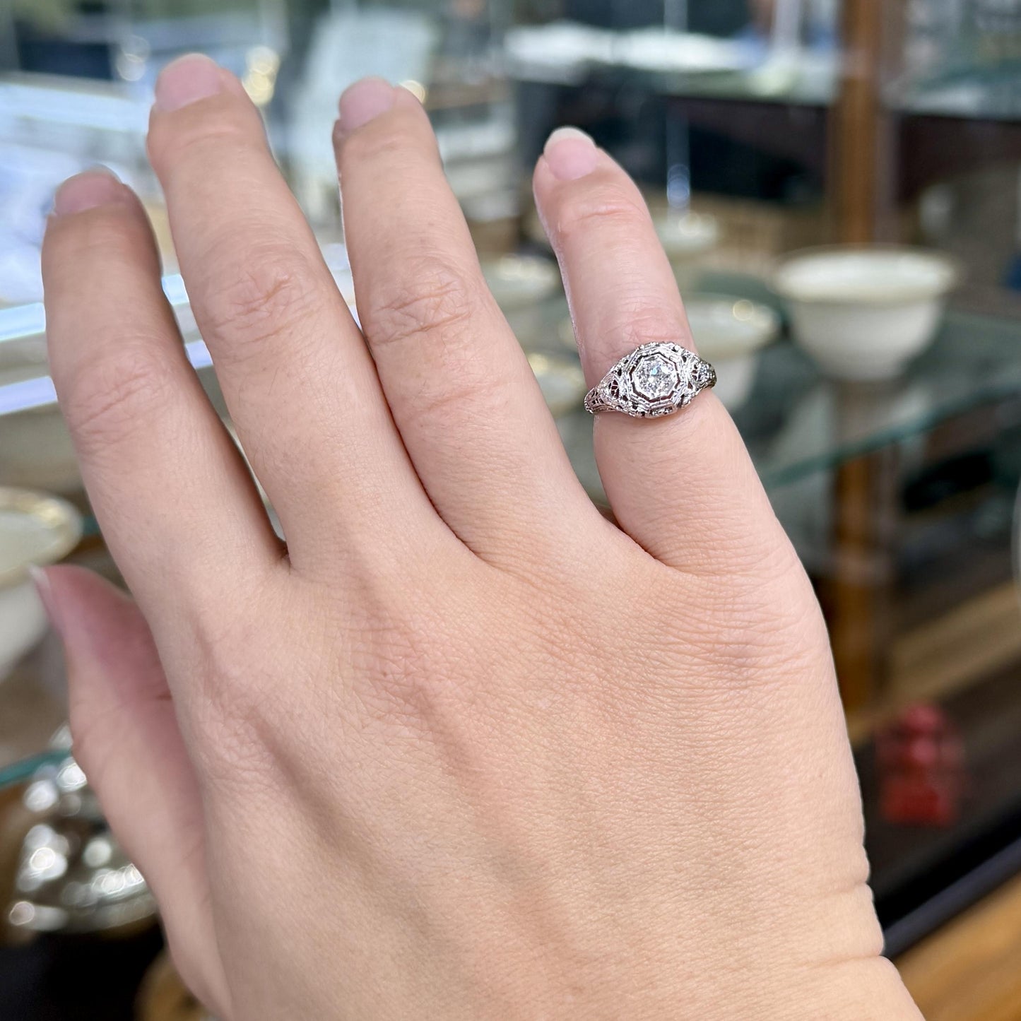 Art Deco Filigree Old European Cut Diamond Engagement Ring 18k