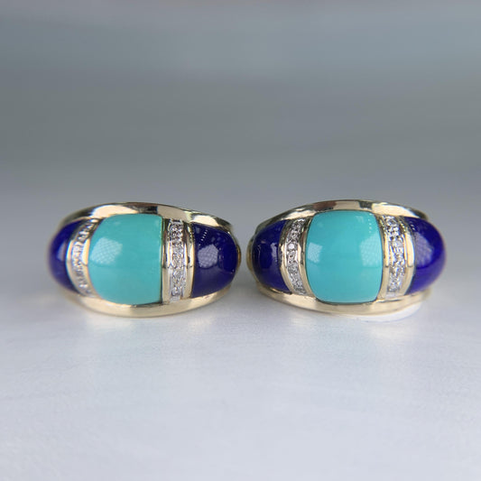 Turquoise and Lapis Lazuli Diamond Earrings 14k Yellow Gold 1990's