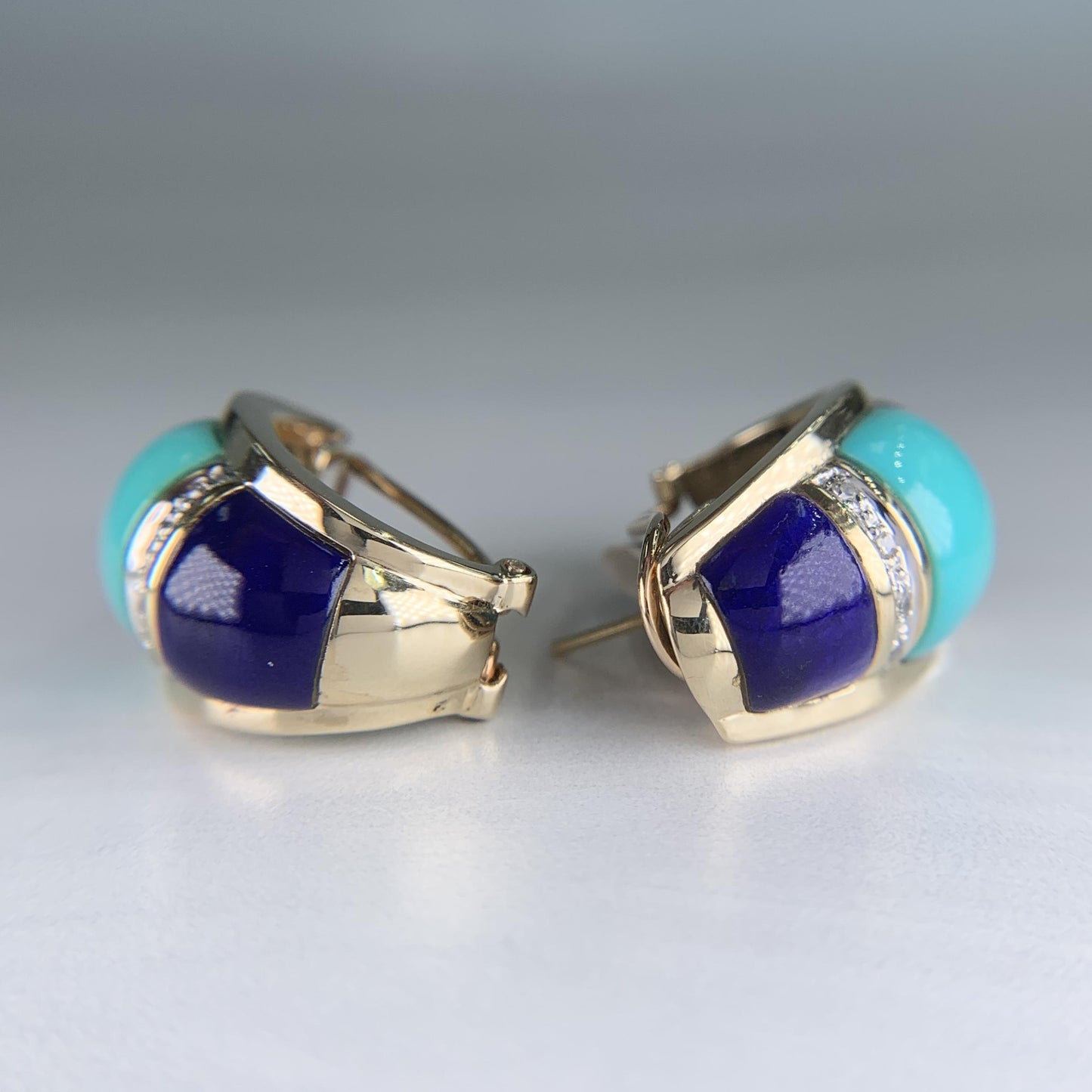 Turquoise and Lapis Lazuli Diamond Earrings 14k Yellow Gold 1990's