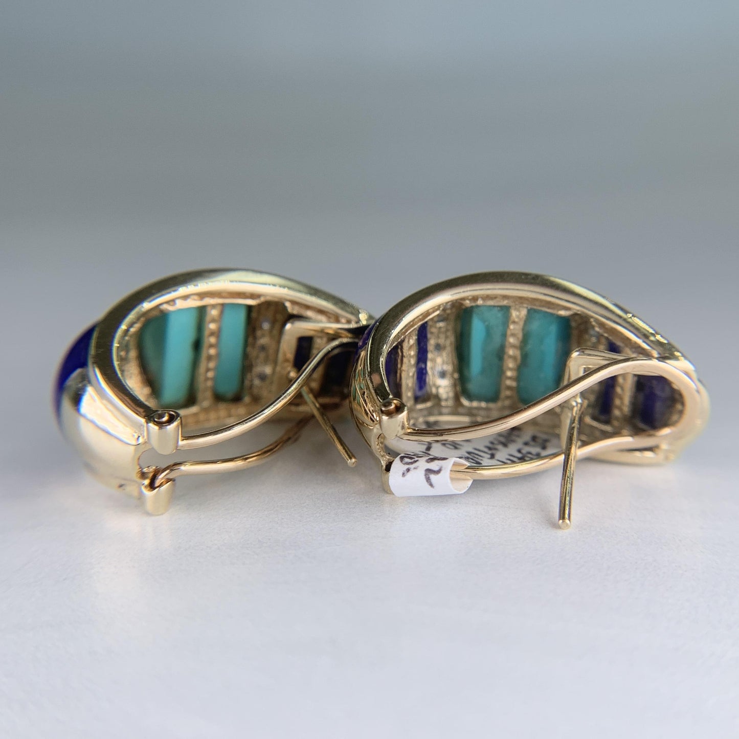 Turquoise and Lapis Lazuli Diamond Earrings 14k Yellow Gold 1990's