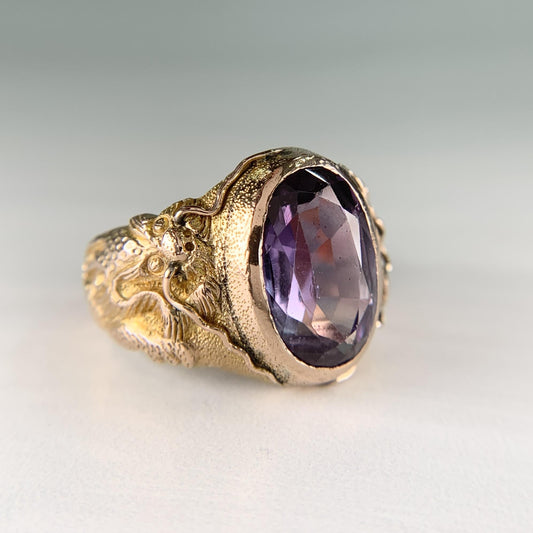 Antique 1905 Synthetic Color Change Sapphire Dragon Ring 10k Yellow Gold