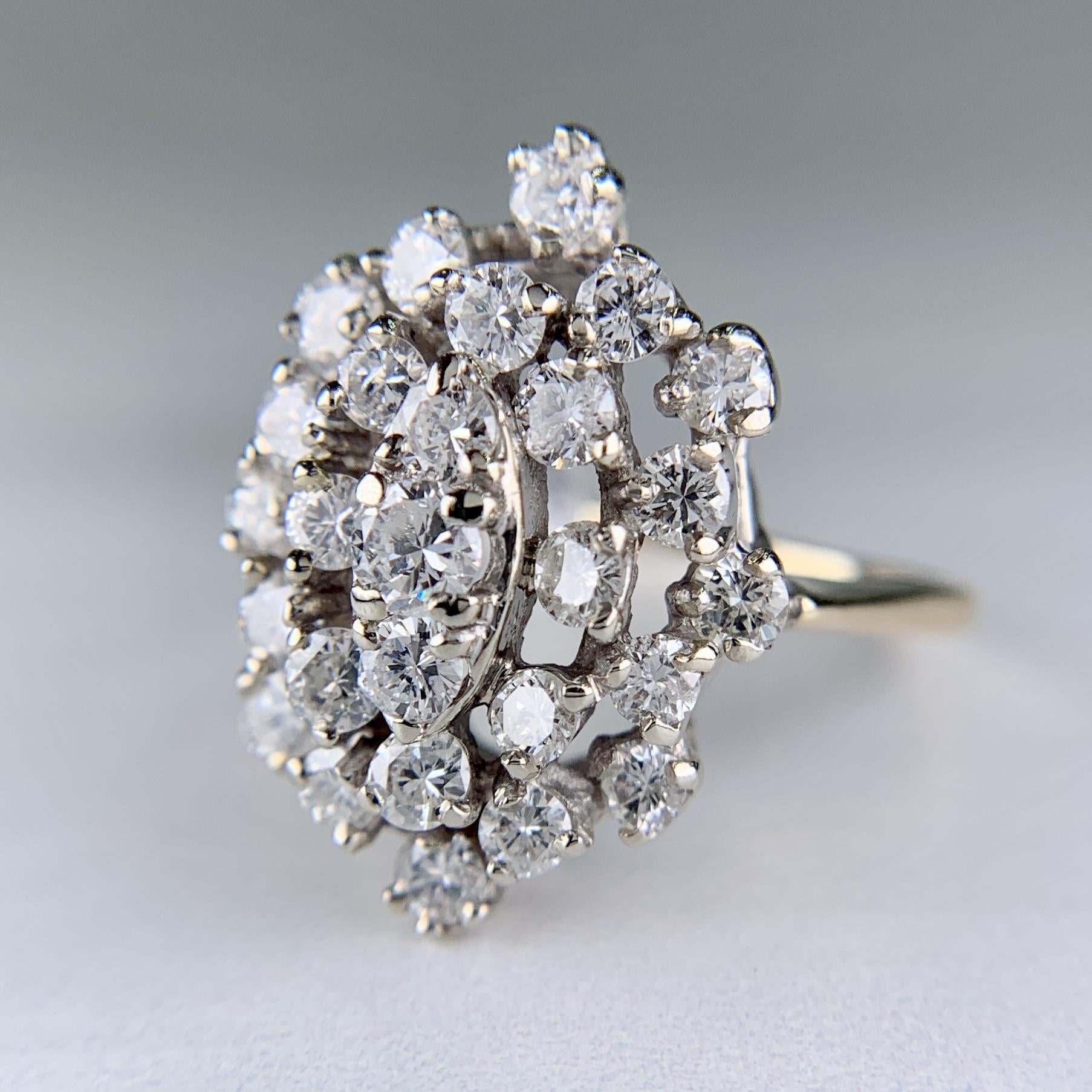 1980's Vintage Diamond Cluster Statement Ring 14k White and Yellow Gold