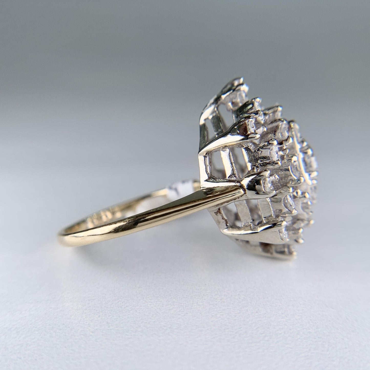 1980's Vintage Diamond Cluster Statement Ring 14k White and Yellow Gold